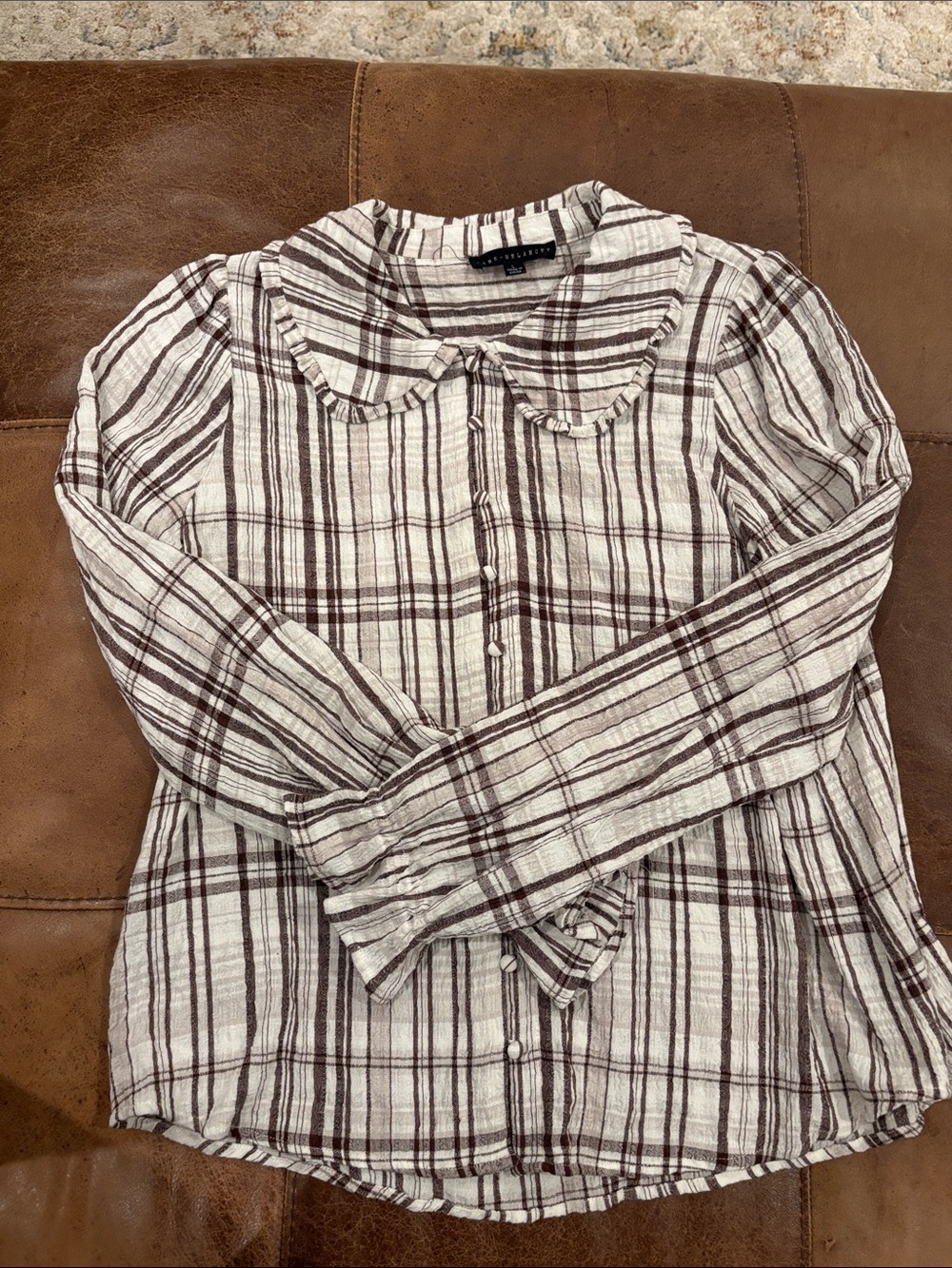 Plaid Button-Front Women’s Top in Cream and Brown